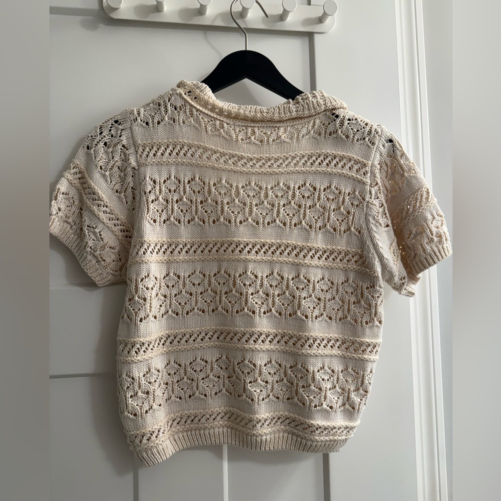 Saks Crochet Pointelle Knit Short Sleeve Sweater Crop Top Polo Shirt Cream White - Picture 3 of 6